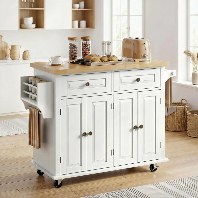 HOMCOM Isla de Cocina con Ruedas Mueble Auxiliar de Cocina con Especiero y Barra Lateral 111x44,5x82,5 cm Blanco