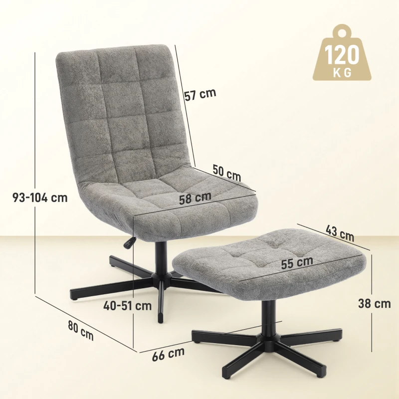 HOMCOM Fauteuil salon avec repose-pieds, chaise pivotante, hauteur réglable, dossier inclinable, 66 x 80 x 93-104 cm, gris