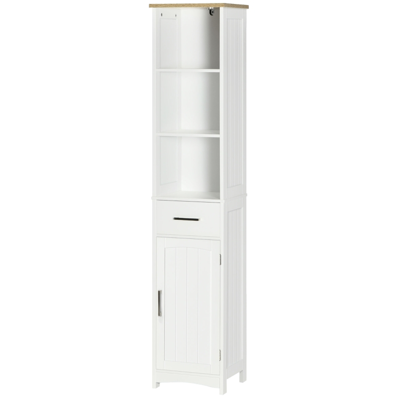 kleankin Armario de Baño con 1 Cajón 1 Puerta 3 Estantes Columna de Baño Mueble Auxiliar para Aseo 34x30x163 cm Blanco