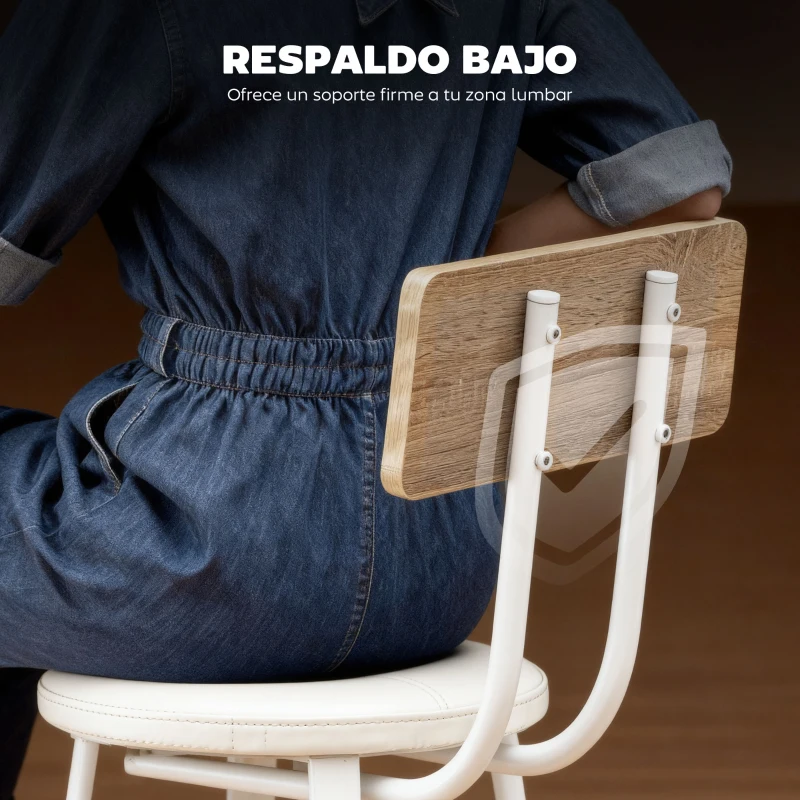 HOMCOM Juego de 2 Taburetes Altos de Cocina con Respaldo y Reposapiés Tapizados de PU Asiento de 75,5 cm Natural y Blanco