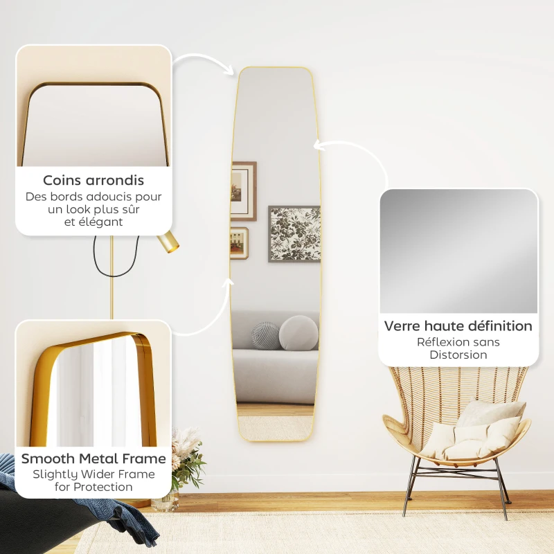 HOMCOM Grand miroir mural ovale 160 x 40 cm, miroir suspendu moderne, cadre en métal et bois, prêt à accrocher, doré