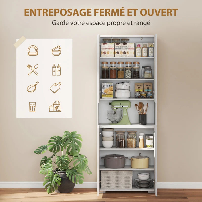 HOMCOM Buffet haut cuisine, armoire de cuisine, 4 portes à fermeture douce et étagères réglables, 68x34x180cm, blanc brillant