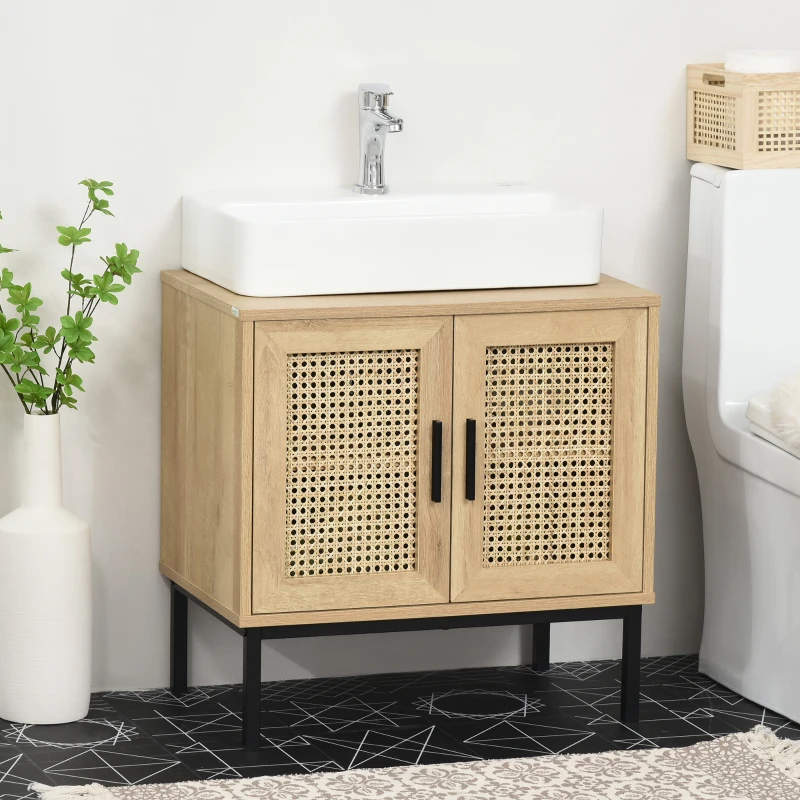 kleankin Meuble salle de bain sous lavabo placard 2 portes cannage avec étagère 60 x 39 x 60 cm coloris bois de chêne