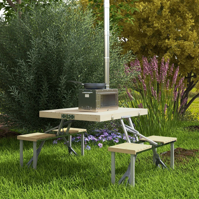 Outsunny Tavolo da Picnic Pieghevole con Sgabelli Integrati e Foro per Ombrellone in Alluminio e Legno