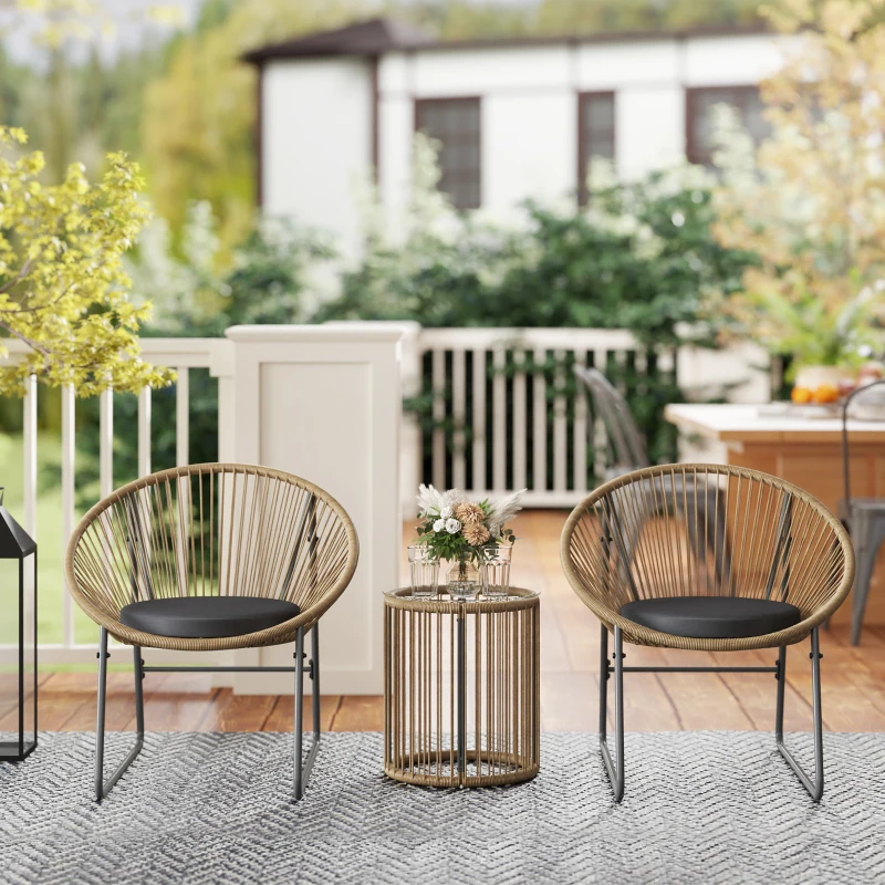 Outsunny Set de Grădină 3 Piese din Ratan și Oțel cu 2 Scaune cu Perne și Măsuță de Cafea Cilindrică, Multicolor