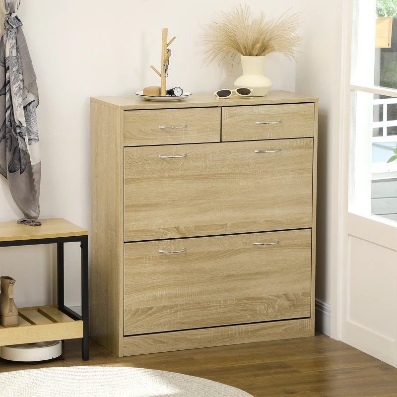 HOMCOM Meuble à chaussures 2 tiroirs et 2 portes abattantes avec étagère réglable 80 x 30 x 91,5 cm poignées alu. naturel