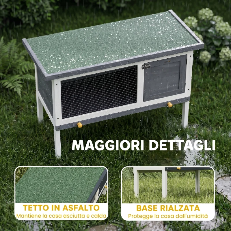 PawHut Conigliera da Esterno in Legno di Pino con Vassoio Estraibile, Tetto Apribile e Porta con Serratura, Grigio