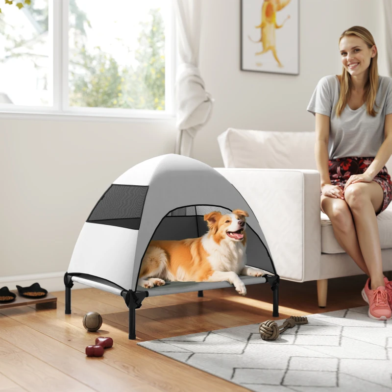 PawHut Cama para Cão Exterior com Dossel Cama Elevada para Cães Médios 76x61x71 cm Cinza Claro