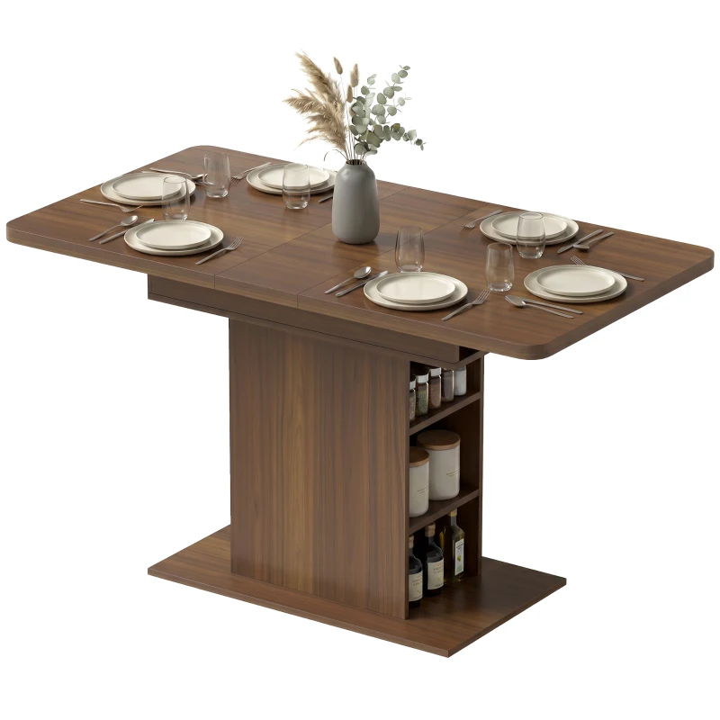 HOMCOM Extendable Dining Table for 4-6 People, 110-130cm Kitchen Table with 6 Open Shelves, Walnut Brown