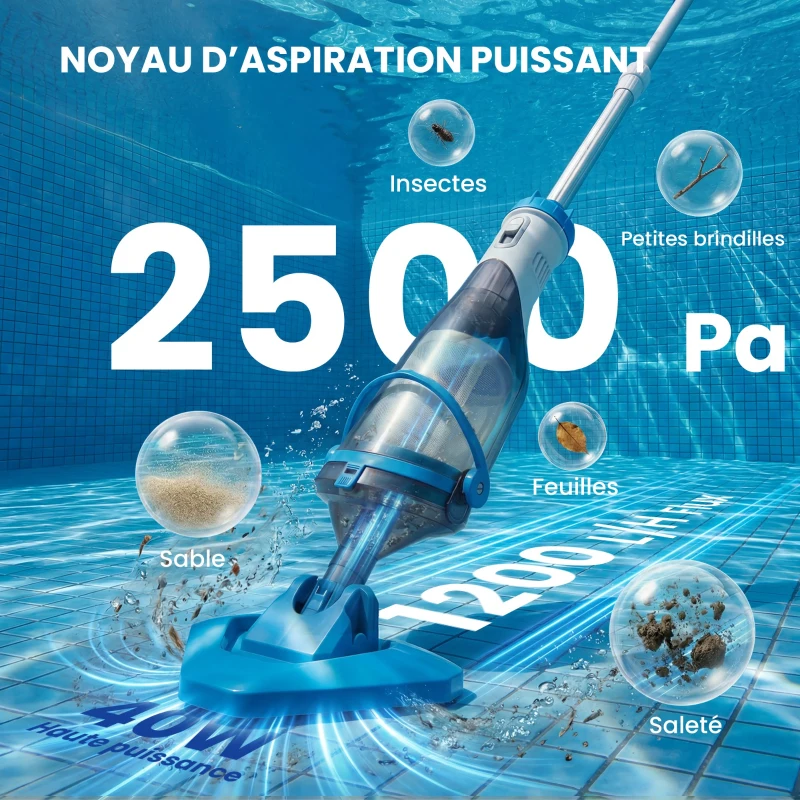 Outsunny Aspirateur de Piscine Sans Fil, Nettoyeur Piscine à Batterie, 60 Minutes d'Autonomie, Manche Télescopique, Bleu