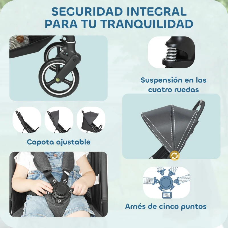 AIYAPLAY Carrito para Bebé Plegable con Respaldo Reclinable Reposapiés Ajustable Capota Cesta Arnés Carga 15 kg Gris Oscuro