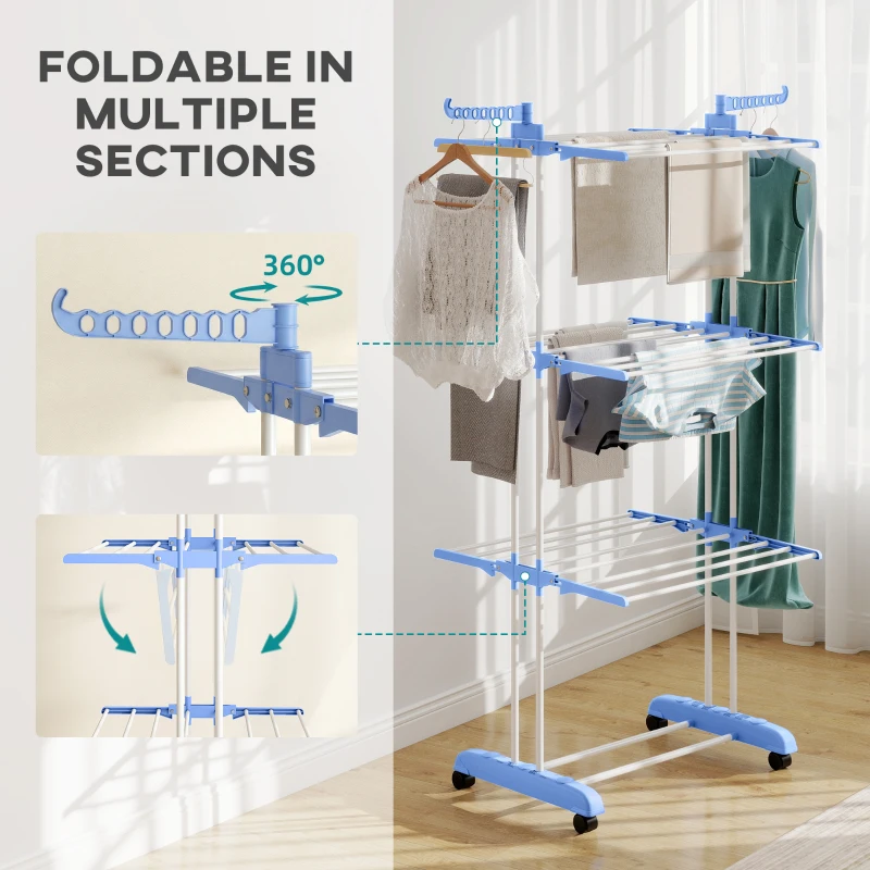 HOMCOM Foldable Clothes Drying Rack, 4-Tier Steel Garment Laundry Rack with Castors for Indoor and Outdoor Use, Blue