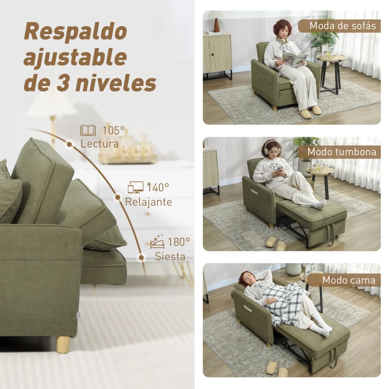 HOMCOM Sillón Cama Individual 3 en 1 Sofá Cama Plegable con Respaldo Ajustable y Cojín para Salón 74x85,5x82 cm Verde Oscuro