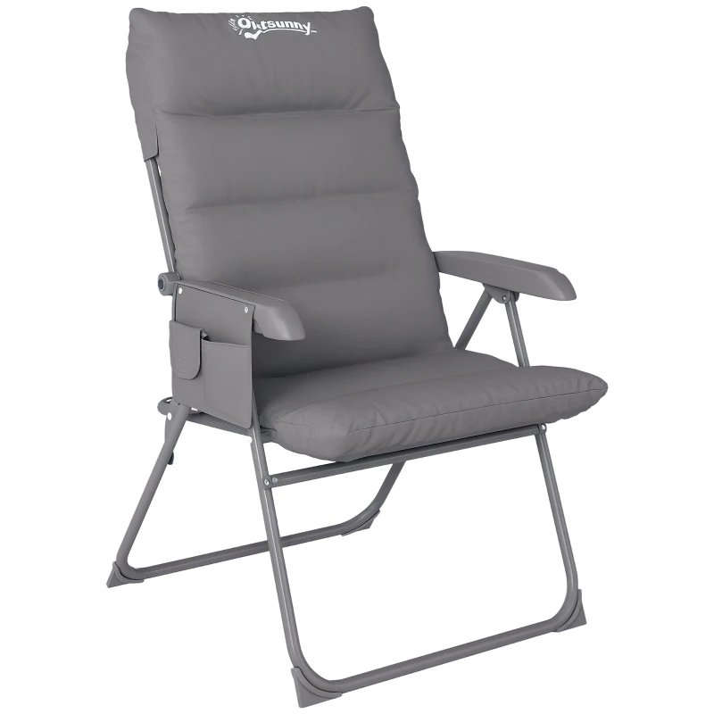 Outsunny Scaun de Camping Pliabil și Reglabil pe 5 Niveluri cu Buzunare Laterale, 66x58x105 cm, Gri Deschis