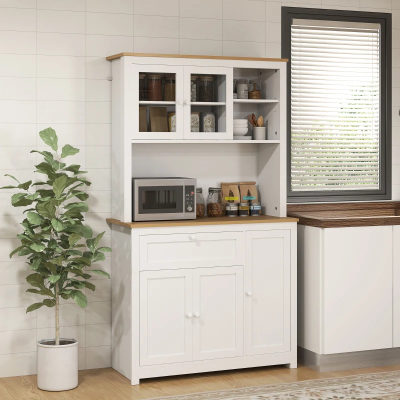 HOMCOM Armário de cozinha estilo rústico, 1 vitrine, 1 prateleira aberta, 1 gaveta, 2 armários, natural + branco