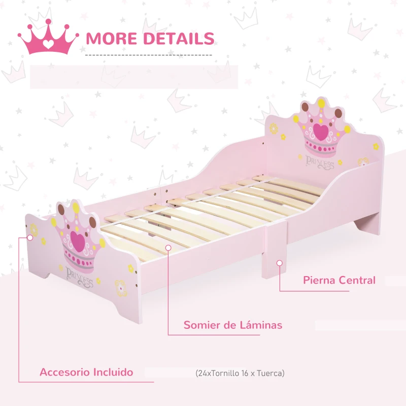 HOMCOM Cama Infantil de +3 Años 143x73x60 cm con Estampado de Corona Carga 50 kg para Dormitorio Rosa