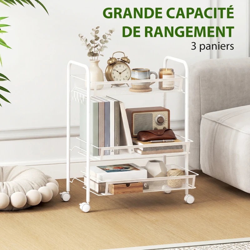 HOMCOM Chariot à 3 niveaux avec paniers desserte à roulettes chariot de rangement roulante 45 x 26,5 x 63 cm blanc