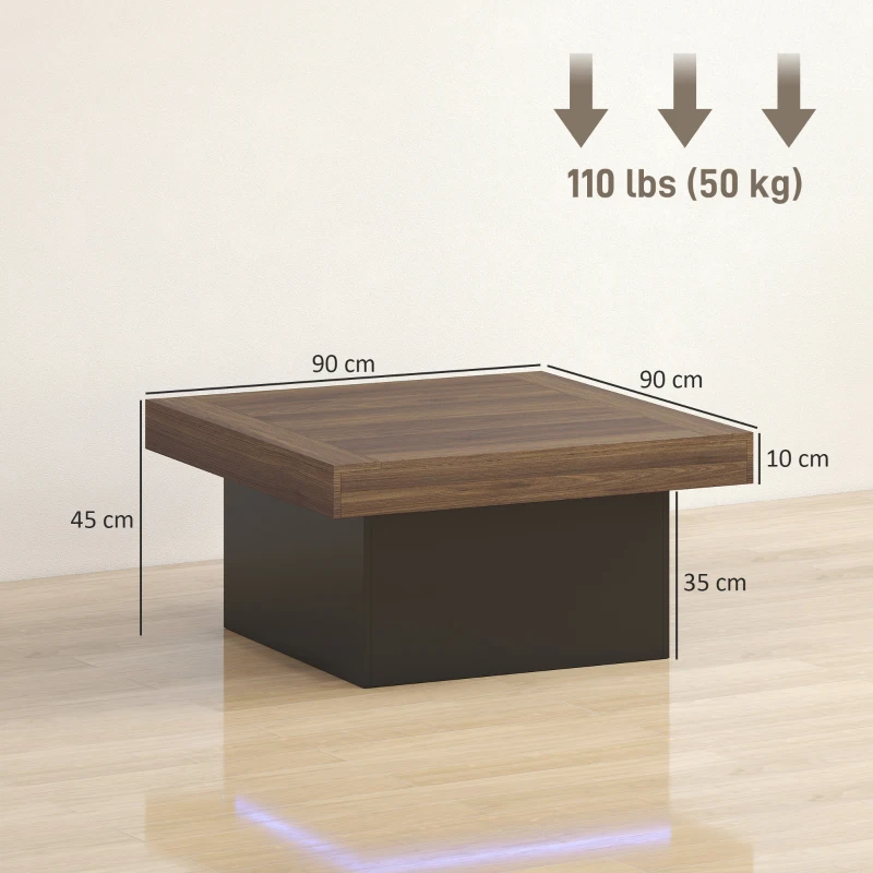HOMCOM Table basse carrée avec éclairage LED 16 couleurs, table de salon moderne, 90 x 90 x 45 cm, noyer