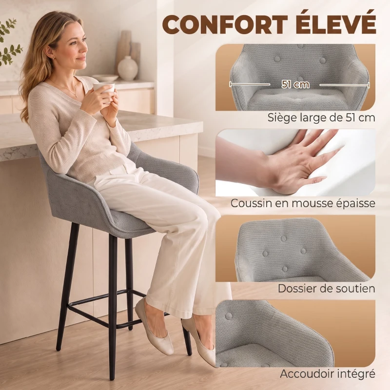 HOMCOM Lot de 2 Tabourets de Bar, Chaises de Bar Rembourrées en Chenille, Assise Large 67H cm, Dossier et Repose-Pieds, Gris