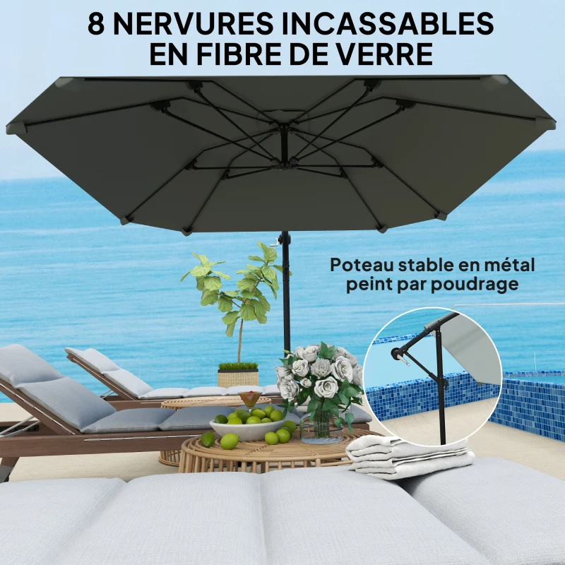 Outsunny Parasol déporté 3 m, parasol de jardin extérieur Inclinable, Base, Manivelle, toile polyester 180 g/m², Gris Foncé