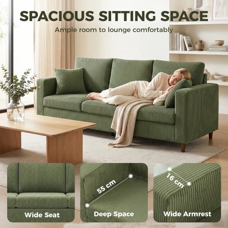 HOMCOM 3 Seater Sofa with Wide Seat, Corduroy Fabric Couch with Deep Seat, Spring Cushion, Green