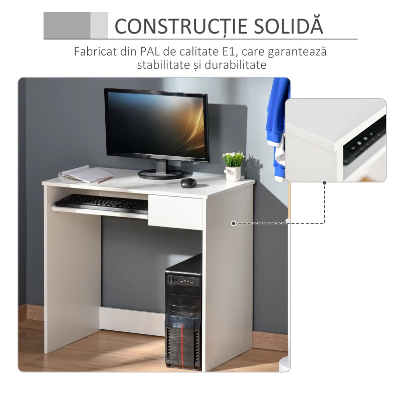 HOMCOM Birou Dormitor , Birou Pc din Lemn, Alb, 80x45x75cm