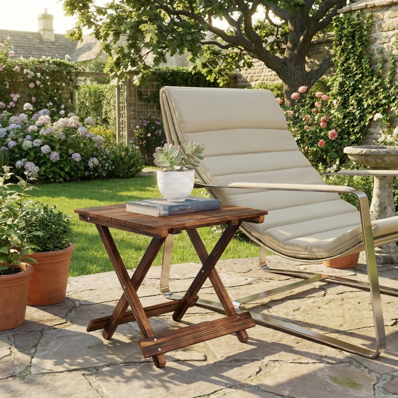 Outsunny Fir Wood Folding Coffee Table, Lightweight Small Garden Table with Slatted Top, Portable Folding Side Table for Balcony