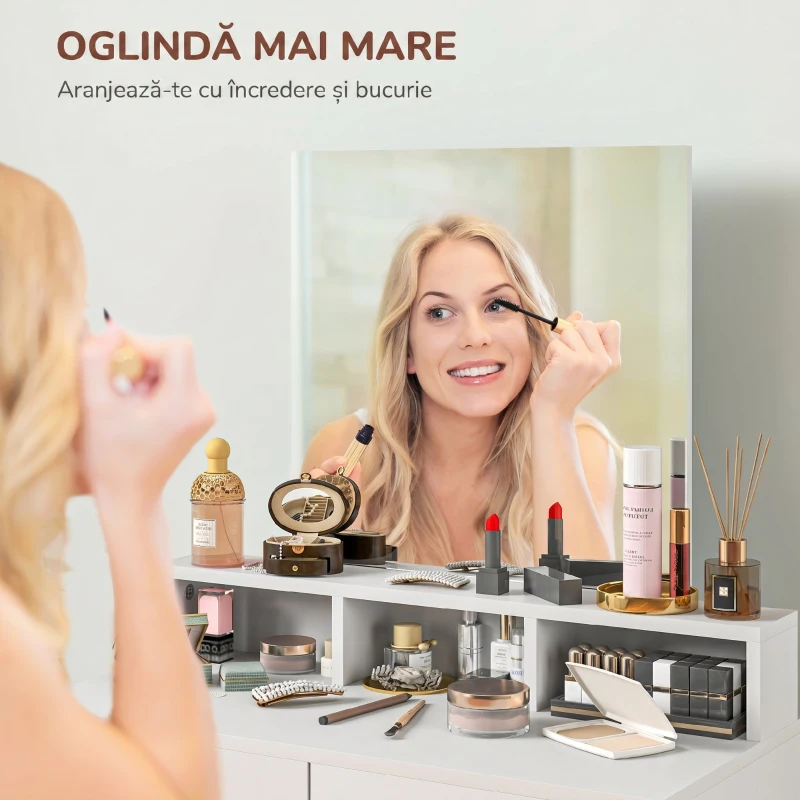 HOMCOM Masă de toaletă cu oglindă, 2 sertare, 3 compartimente, compactă, pentru dormitor, albă