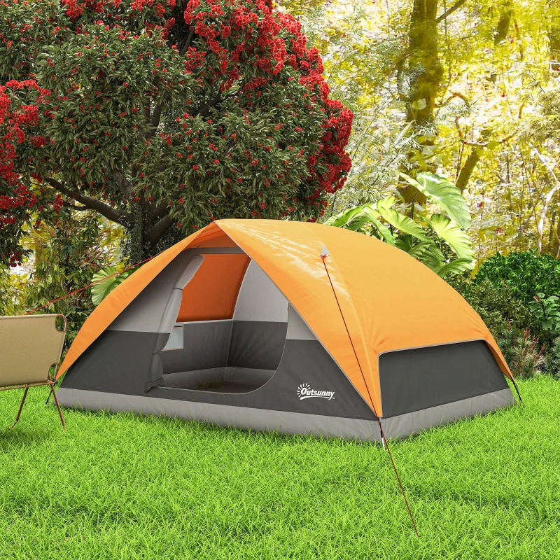 Outsunny Tenda da Campeggio per 3 Persone Impermeabile con Tasche, Gancio per Lanterna e Borsa di Trasporto, Arancione