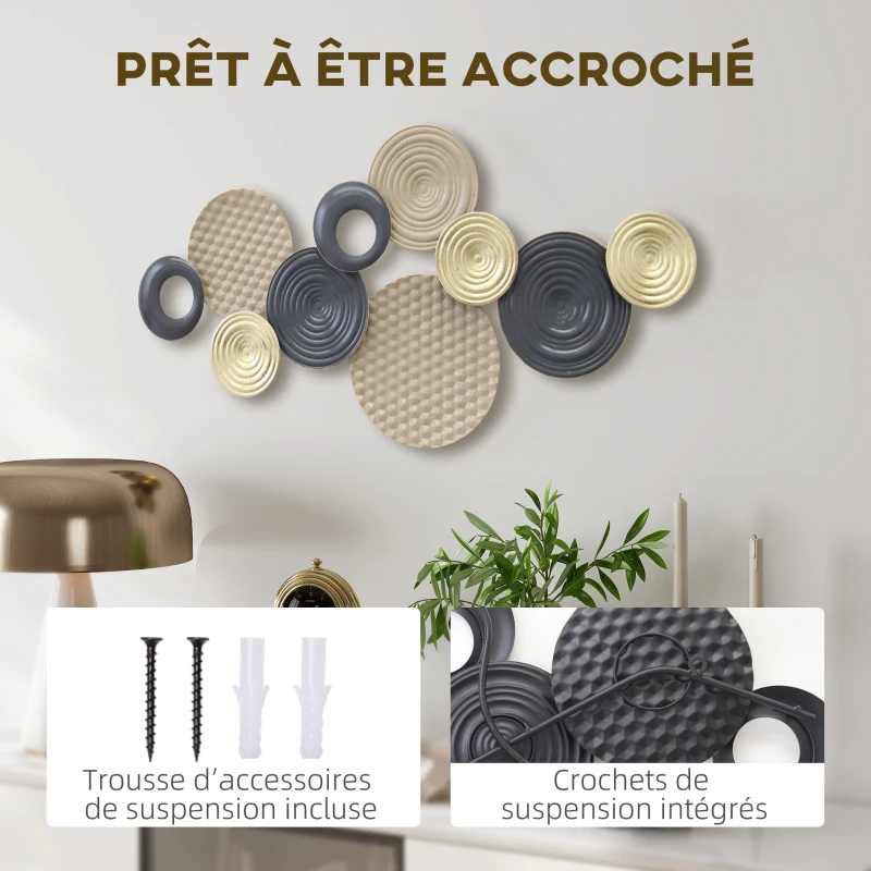 HOMCOM Décoration murale en métal, sculpture murale en métal, design unique à plusieurs disques, 100 x 50 cm, kaki et noir