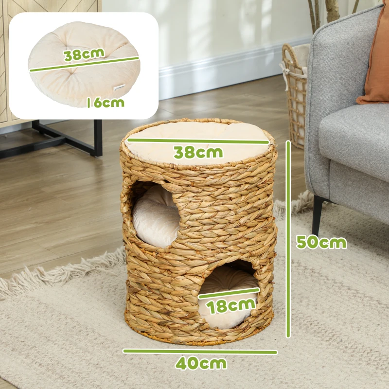 PawHut Tonel Arranhador 50 cm 2 Tocas Almofada Arranhador com Cama para Gatos Torre para Gatos em Vime de Aguapé Castanho Claro