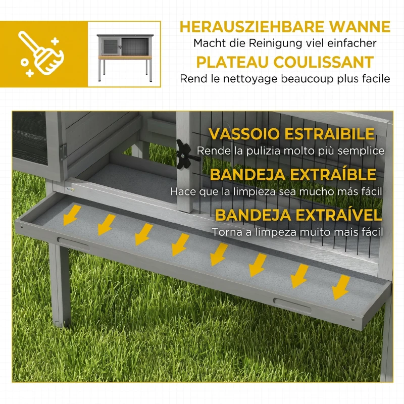 PawHut Cușcă pentru Iepuri Înălțată din Lemn pentru Exterior cu Acoperiș Rabatabil și Tavă Detasabilă, 84x43x70cm, Gri