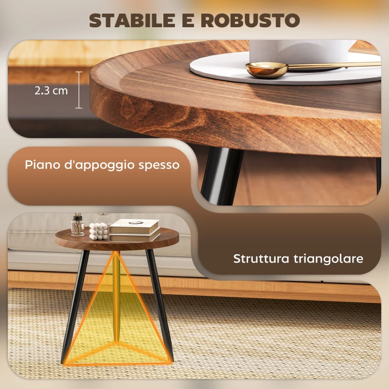 HOMCOM Tavolino da Caffè Rotondo con Bordo Rialzato e 3 Gambe, in Legno e Acciaio, Ø40x39 cm, Nero e color Legno