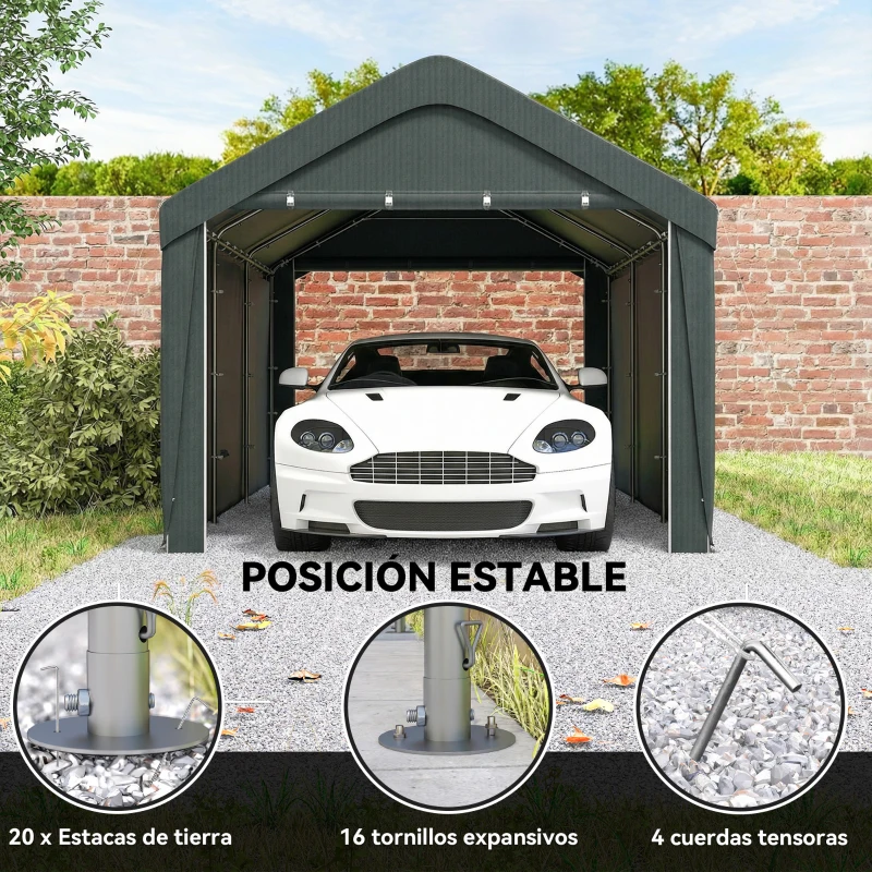 Outsunny Carpa Garaje de Exterior 3x6 m con Tejido PE Resistente Estructura de Acero y Paredes Desmontables Gris Oscuro