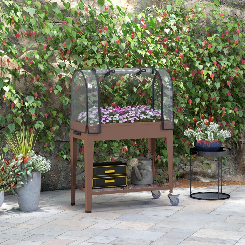 Outsunny Jardinière surélevée avec bâche transparente, 2 roulettes et 1 étagère inférieure, dim. 80L x 40l x 120H cm
