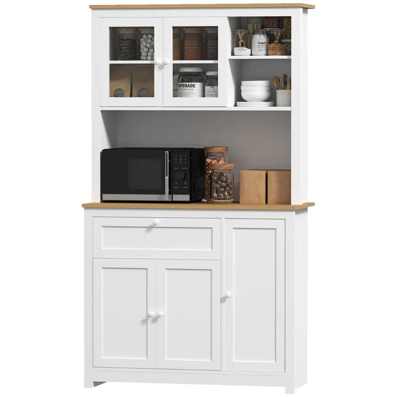 HOMCOM Armário de cozinha estilo rústico, 1 vitrine, 1 prateleira aberta, 1 gaveta, 2 armários, natural + branco