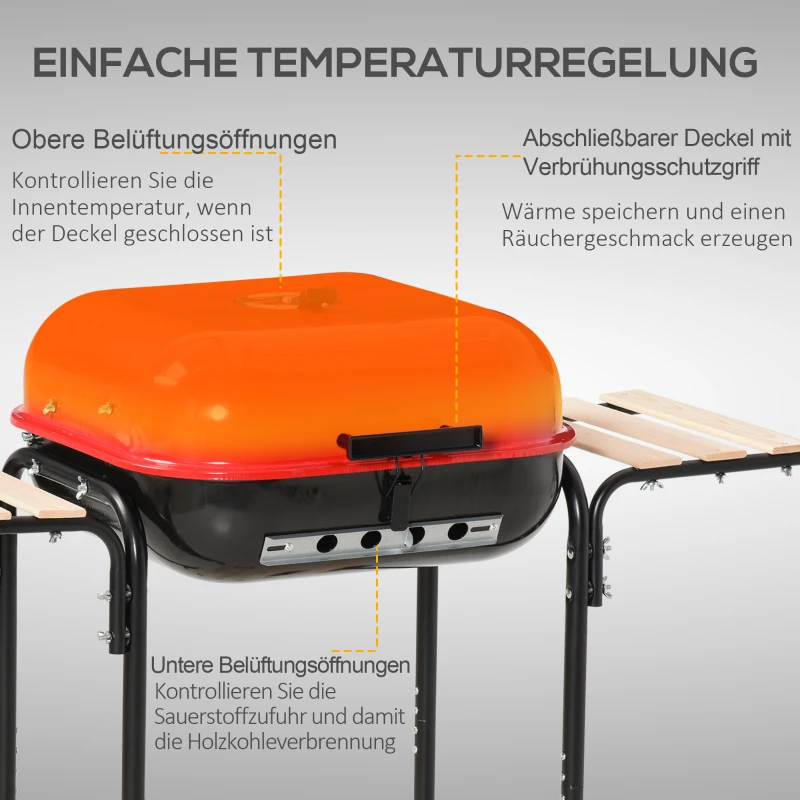 Outsunny Kohlegrill Grillwagen Grillstation Standgrill mit Windschutz 3 x Ablagefach Metall Rot 98 x 49 x 81 cm