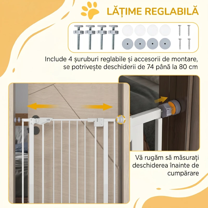 PawHut Poartă Reglabilă Înaltă pentru Câini cu Ușă Mică și Închidere Automată, 74-80x104cm, Alb