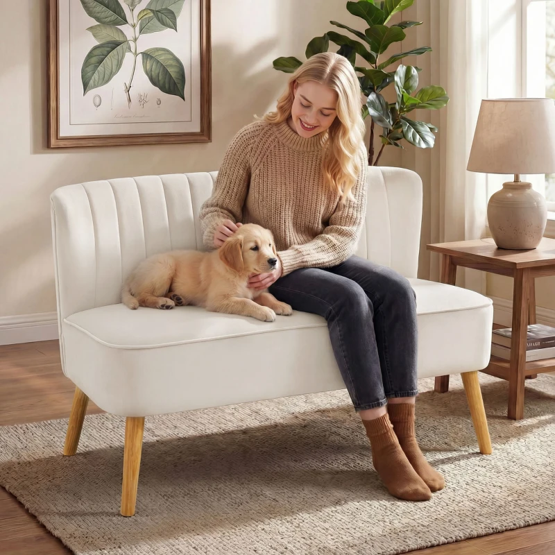 HOMCOM Sofa Retrodesign 2-Sitzer-Sofa, Holzbeine, 117 cm x 56,5 cm x 77 cm, Cremeweiß