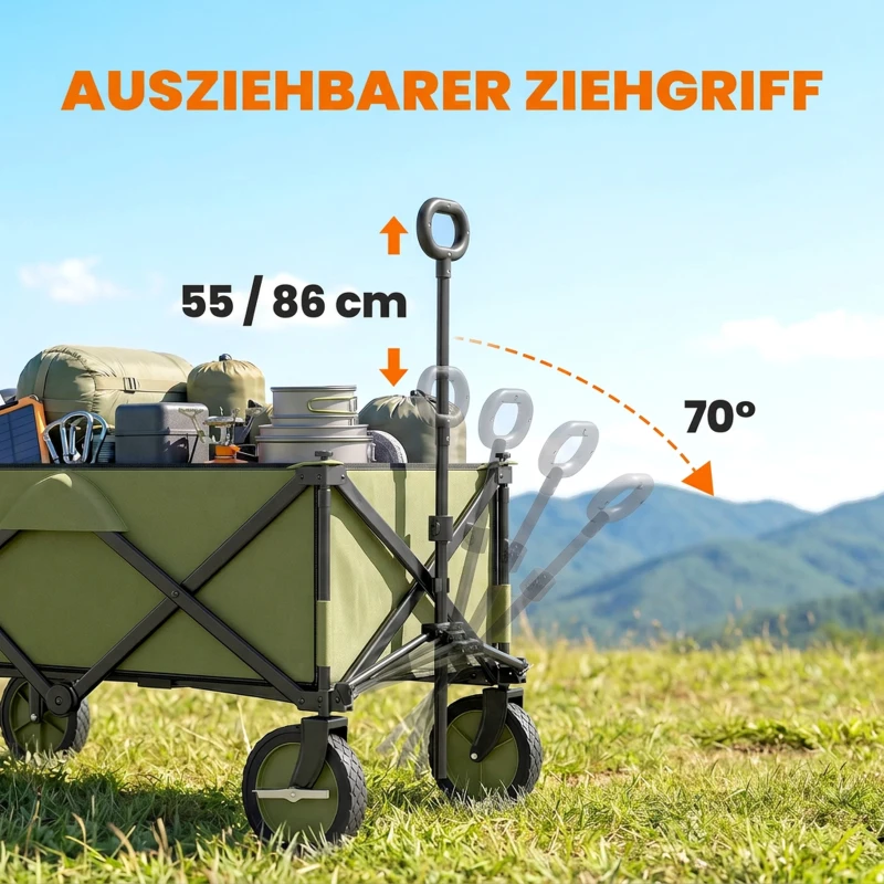 Outsunny Bollerwagen, klappbar, 5 Seitentaschen, einziehbare Griff, bis 120 kg belastbar, Stahl, 108 x 55 x 93 cm, Grün