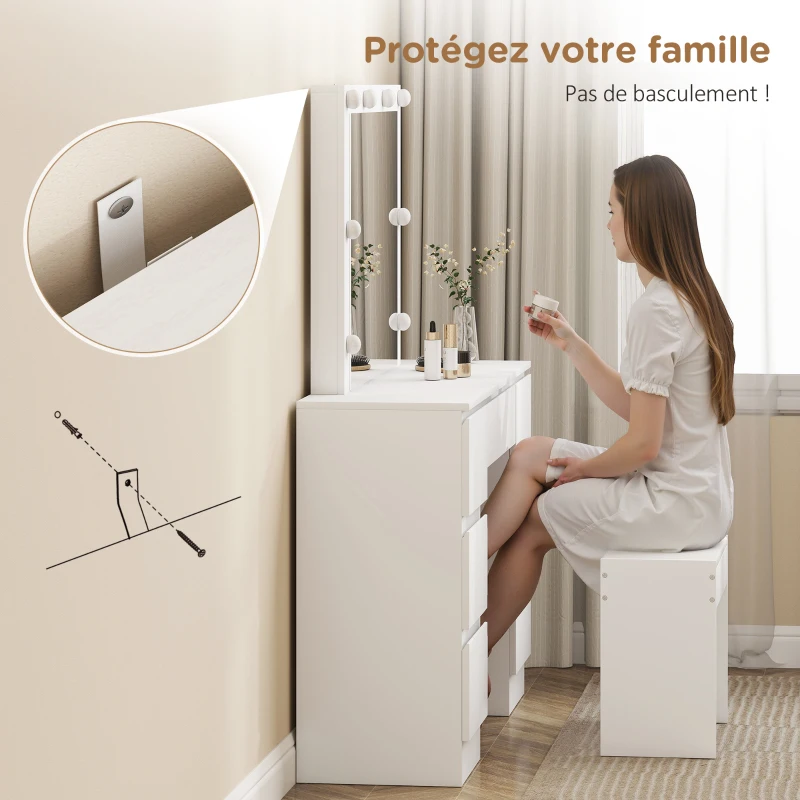 HOMCOM Coiffeuse avec miroir et tabouret table de maquillage avec miroir LED tabouret rembourré 7 tiroirs 110x39,5x140cm blanc