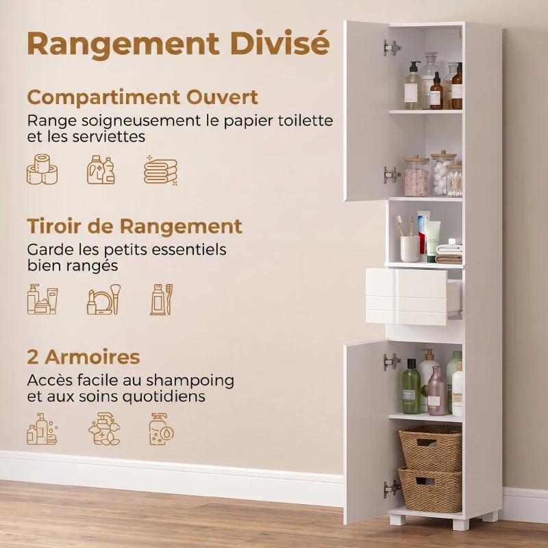 HOMCOM Meuble de Salle de Bain, 2 Portes, Tiroir, Niche Ouverte, Étagères Réglables, pour Salon, Chambre, 30x30x170cm, Blanc