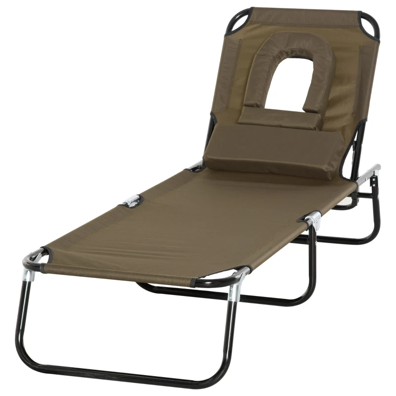 Outsunny Tumbona Plegable con Respaldo Regulable 4 Posiciones con Orificio de Lectura Almohada Tela Oxford 190x56x28 cm Marrón