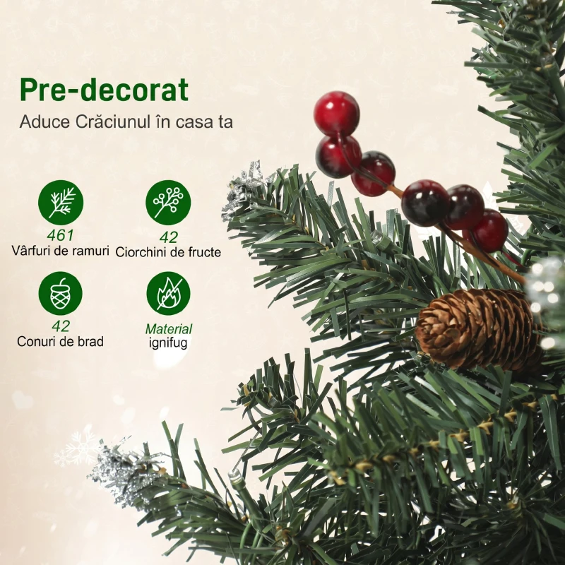 HOMCOM Brad de Crăciun Iluminat cu 200 de Lumini LED, 42 Conuri și 42 Ciorchini de Fructe de Pădure, Ø65x180 cm, Verde și Argintiu