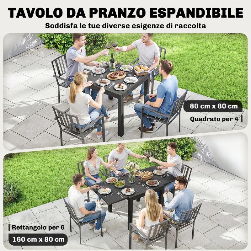 Outsunny Tavolo da Giardino a Doghe Allungabile per 4-6 Persone, in Alluminio, 80-160x80x75 cm, Nero