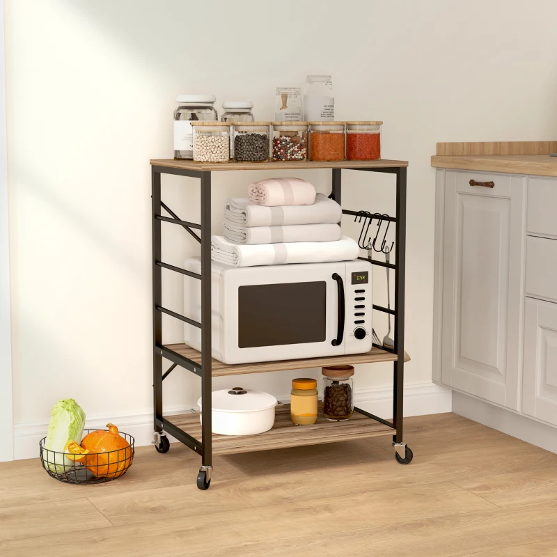 HOMCOM Scaffale da Cucina a 3 Livelli Stile Industriale con Ruote e 4 Ganci, Struttura in Acciaio, 60x40x84 cm, Teak