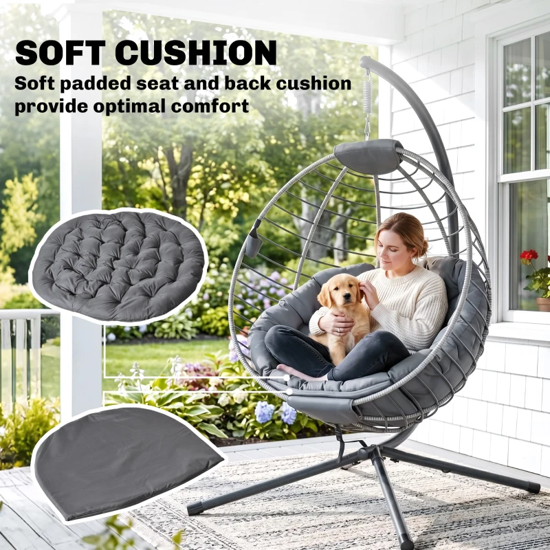Outsunny PE Rattan Swing Chair, Outdoor Hanging Chair with Metal Stand, Thick Padded Cushion, Foldable Basket and Cup Holder, for Indoor and Outdoor, Grey