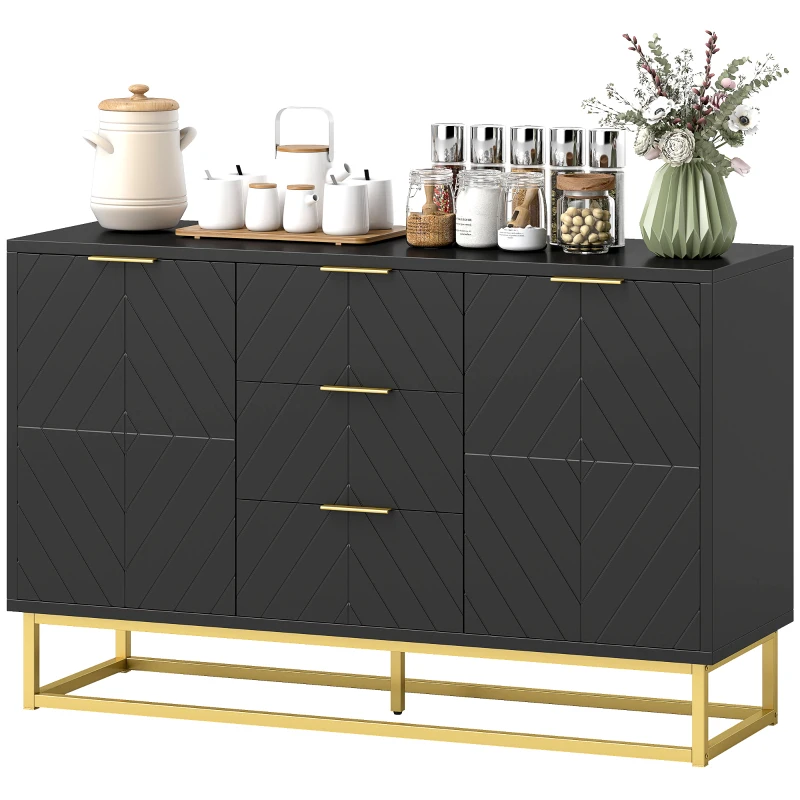 HOMCOM Buffet design contemporain graphique 2 placards porte étagères réglables 3 tiroirs coulissants en bois noir métal doré