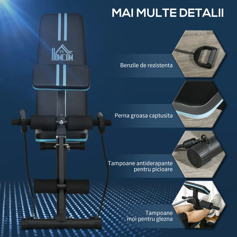 HOMCOM Bancă Multifuncțională Pliabilă cu Spătar Reglabil pe 7 Niveluri, Extensie pentru Picioare, Pernuțe și Benzi Elastice, Albastră