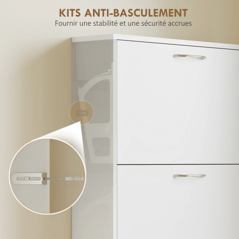 HOMCOM Meuble à chaussures 15 paires, armoire à chaussures étroite moderne avec 5 tiroirs rabattables, 65 x 17 x 180,5 cm blanc(m-5)